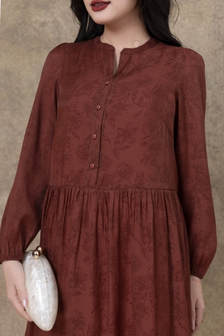 SWANLAKE | Váy Đầm Maxi Nữ Hai Lớp Rời Cổ Trụ Tay Dài Cài Nút Chất Tơ In Lót Lụa Hàn Đi Tiệc D12073LW10