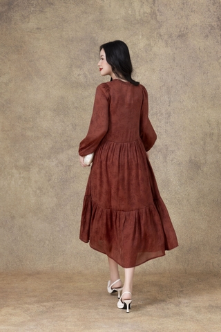 SWANLAKE | Váy Đầm Maxi Nữ Hai Lớp Rời Cổ Trụ Tay Dài Cài Nút Chất Tơ In Lót Lụa Hàn Đi Tiệc D12073LW10