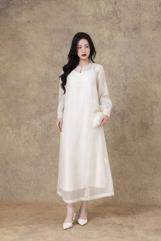 SWANLAKE | Váy Đầm Nữ Suông Maxi Vải Tơ Lót Lụa Thêu Hoa Cao Cấp Tay Dài Cổ Chữ V Đi Tiệc D13285LW01