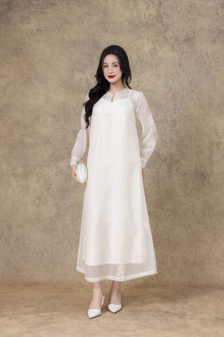 SWANLAKE | Váy Đầm Nữ Suông Maxi Vải Tơ Lót Lụa Thêu Hoa Cao Cấp Tay Dài Cổ Chữ V Đi Tiệc D13285LW01