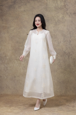 SWANLAKE | Váy Đầm Nữ Suông Maxi Vải Tơ Lót Lụa Thêu Hoa Cao Cấp Tay Dài Cổ Chữ V Đi Tiệc D13285LW01