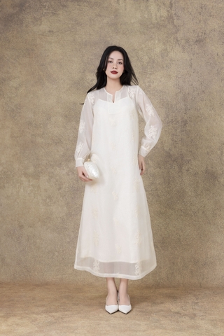 SWANLAKE | Váy Đầm Nữ Suông Maxi Vải Tơ Lót Lụa Thêu Hoa Cao Cấp Tay Dài Cổ Chữ V Đi Tiệc D13285LW01