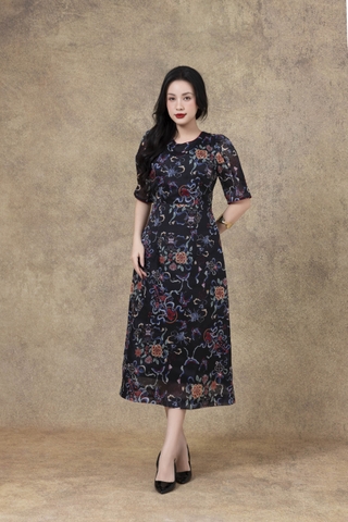 SWANLAKE | Váy Đầm Nữ Maxi Suông Vải Tơ In Hoa Cổ Tròn Tay Bí Phồng Chiết Eo Đi Tiệc Công Sở D13245LW01