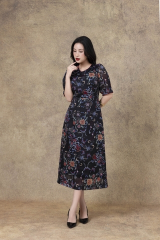 SWANLAKE | Váy Đầm Nữ Maxi Suông Vải Tơ In Hoa Cổ Tròn Tay Bí Phồng Chiết Eo Đi Tiệc Công Sở D13245LW01