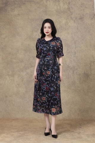 SWANLAKE | Váy Đầm Nữ Maxi Suông Vải Tơ In Hoa Cổ Tròn Tay Bí Phồng Chiết Eo Đi Tiệc Công Sở D13245LW01