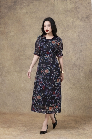 SWANLAKE | Váy Đầm Nữ Maxi Suông Vải Tơ In Hoa Cổ Tròn Tay Bí Phồng Chiết Eo Đi Tiệc Công Sở D13245LW01