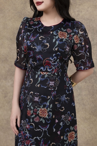 SWANLAKE | Váy Đầm Nữ Maxi Suông Vải Tơ In Hoa Cổ Tròn Tay Bí Phồng Chiết Eo Đi Tiệc Công Sở D13245LW01