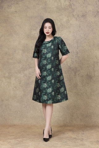 SWANLAKE | Váy Đầm Nữ Phom A Cổ Tròn Tay Ngắn Vải Gấm Hoa Cao Cấp Sang Trọng Đi Tiệc Công Sở D13266LW01