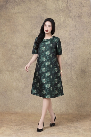 SWANLAKE | Váy Đầm Nữ Phom A Cổ Tròn Tay Ngắn Vải Gấm Hoa Cao Cấp Sang Trọng Đi Tiệc Công Sở D13266LW01