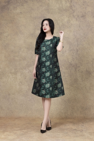 SWANLAKE | Váy Đầm Nữ Phom A Cổ Tròn Tay Ngắn Vải Gấm Hoa Cao Cấp Sang Trọng Đi Tiệc Công Sở D13266LW01