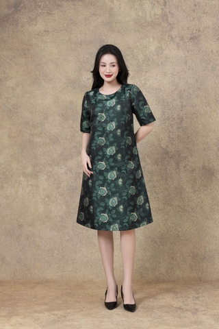 SWANLAKE | Váy Đầm Nữ Phom A Cổ Tròn Tay Ngắn Vải Gấm Hoa Cao Cấp Sang Trọng Đi Tiệc Công Sở D13266LW01