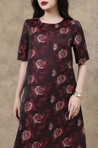 SWANLAKE | Váy Đầm Nữ Phom A Cổ Tròn Tay Ngắn Vải Gấm Hoa Cao Cấp Sang Trọng Đi Tiệc Công Sở D13266LW01