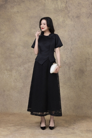 SWANLAKE | Set Bộ Nữ Chất Taffeta Áo Tay Ngắn Vạt Chéo Cổ Trụ Cài Nút Chân Váy Dài Phối Ren B13297LW01