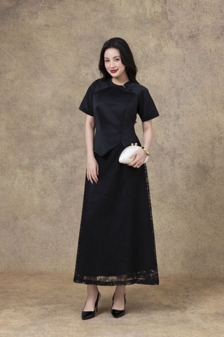 SWANLAKE | Set Bộ Nữ Chất Taffeta Áo Tay Ngắn Vạt Chéo Cổ Trụ Cài Nút Chân Váy Dài Phối Ren B13297LW01
