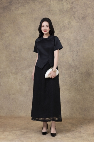 SWANLAKE | Set Bộ Nữ Chất Taffeta Áo Tay Ngắn Vạt Chéo Cổ Trụ Cài Nút Chân Váy Dài Phối Ren B13297LW01