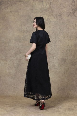 SWANLAKE | Set Bộ Nữ Chất Taffeta Áo Tay Ngắn Vạt Chéo Cổ Trụ Cài Nút Chân Váy Dài Phối Ren B13297LW01