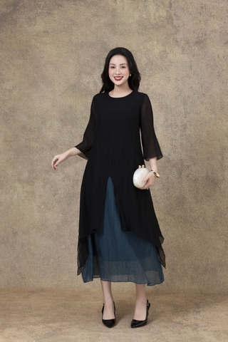 SWANLAKE | Váy Đầm Maxi Suông Nữ Xẻ Tà Tay Lỡ Cổ Tròn Vải Tơ Dập Ly Cao Cấp Đi Tiệc Công Sở D13235LW01