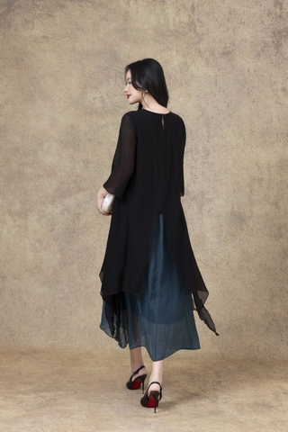 SWANLAKE | Váy Đầm Maxi Suông Nữ Xẻ Tà Tay Lỡ Cổ Tròn Vải Tơ Dập Ly Cao Cấp Đi Tiệc Công Sở D13235LW01