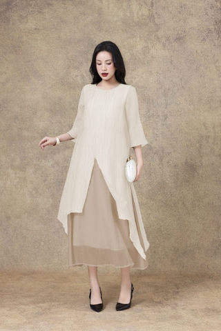 SWANLAKE | Váy Đầm Maxi Suông Nữ Xẻ Tà Tay Lỡ Cổ Tròn Vải Tơ Dập Ly Cao Cấp Đi Tiệc Công Sở D13235LW01