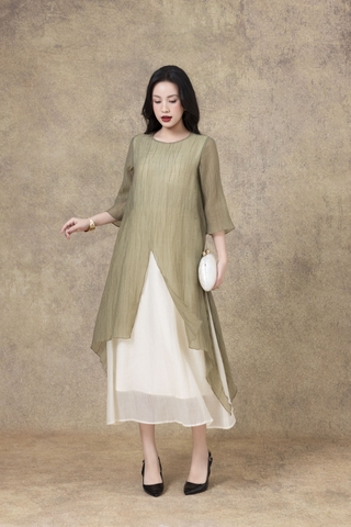 SWANLAKE | Váy Đầm Maxi Suông Nữ Xẻ Tà Tay Lỡ Cổ Tròn Vải Tơ Dập Ly Cao Cấp Đi Tiệc Công Sở D13235LW01