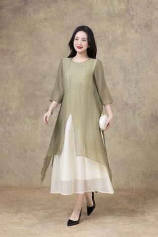 SWANLAKE | Váy Đầm Maxi Suông Nữ Xẻ Tà Tay Lỡ Cổ Tròn Vải Tơ Dập Ly Cao Cấp Đi Tiệc Công Sở D13235LW01