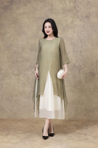 SWANLAKE | Váy Đầm Maxi Suông Nữ Xẻ Tà Tay Lỡ Cổ Tròn Vải Tơ Dập Ly Cao Cấp Đi Tiệc Công Sở D13235LW01