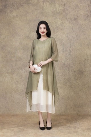 SWANLAKE | Váy Đầm Maxi Suông Nữ Xẻ Tà Tay Lỡ Cổ Tròn Vải Tơ Dập Ly Cao Cấp Đi Tiệc Công Sở D13235LW01