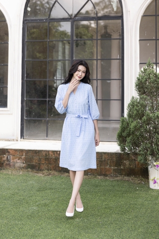 SWANLAKE | Váy Đầm Nữ Suông Cô Trụ Cài Nút Dây Thắt Eo Cotton Thêu Đục Lỗ Tay Bí Lỡ Có Túi D12671LW01