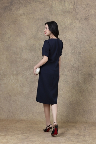 SWANLAKE | Váy Đầm Midi Suông Nữ Tay Bí Phồng Cổ Tròn Vải Lụa Dày Thêu Hoa Đi Tiệc Công Sở D13262LW01