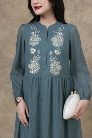 SWANLAKE | Váy Đầm Nữ Suông Đuôi Cá Vải Tơ Thêu Hoa Cao Cấp Tay Dài Cổ V Cài Nút Đi Tiệc D13281LW01