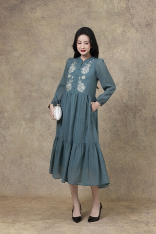 SWANLAKE | Váy Đầm Nữ Suông Đuôi Cá Vải Tơ Thêu Hoa Cao Cấp Tay Dài Cổ V Cài Nút Đi Tiệc D13281LW01