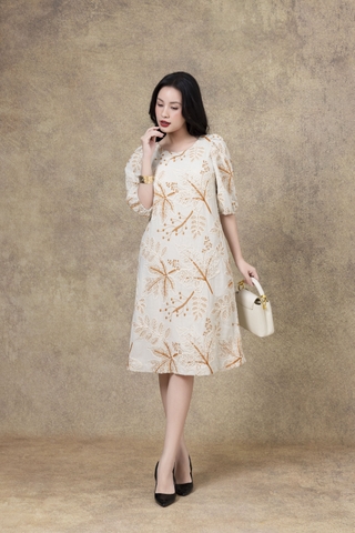 SWANLAKE | Váy Đầm Nữ Midi Phom A Tay Bí Lỡ Phồng Cổ Tròn Vải Đũi Thêu Hoa Dự Tiệc Công Sở D13292LW01