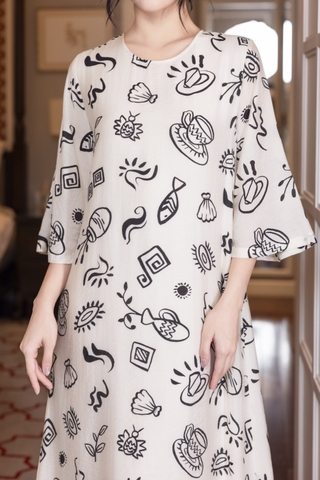 SWANLAKE | Váy Đầm Nữ Maxi Suông Tơ In Họa Tiết Hè Lót Cotton Tay Lỡ Cổ Tròn Có Túi Du Lịch D12838LW01