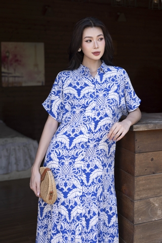 SWANLAKE | Váy Đầm Sơ Mi Nữ Suông Maxi Đuôi Cá Cài Nút Công Sở Biển Hè Linen In Hoa Có Túi D12758LW01