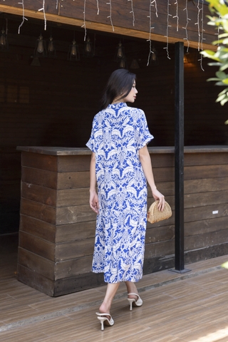 SWANLAKE | Váy Đầm Sơ Mi Nữ Suông Maxi Đuôi Cá Cài Nút Công Sở Biển Hè Linen In Hoa Có Túi D12758LW01