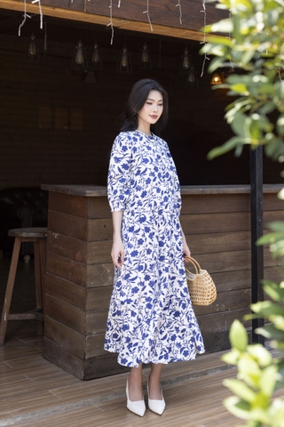 SWANLAKE | Váy Đầm Maxi Hoa Nhí Phom Dài Xòe 2 Tầng Vải Xô Bông/Linen Lụa Tay Lỡ Cổ Trụ - D10887