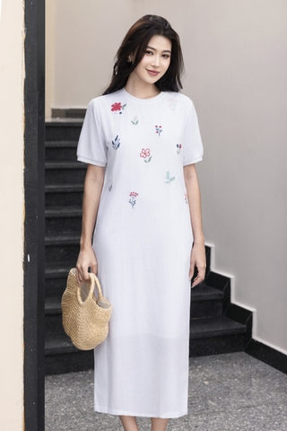 SWANLAKE | Váy Đầm Nữ Midi Suông Linen Thêu Hoa Tay Cổ Tròn Viền Thun Có Túi Xẻ Tà Công Sở Hè D12694LW01