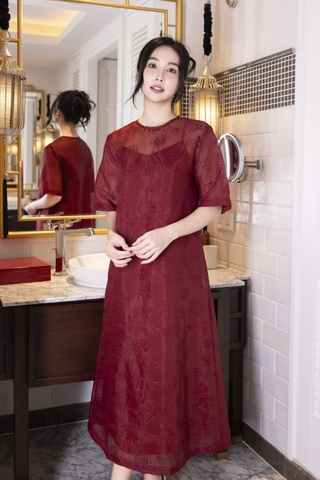 Đầm Tơ Suông Hai Lớp Sang Trọng Hoạ Tiết Hoa - D12064LW03