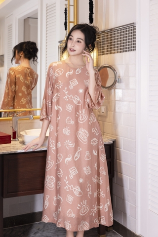 SWANLAKE | Váy Đầm Nữ Maxi Suông Tơ In Họa Tiết Hè Lót Cotton Tay Lỡ Cổ Tròn Có Túi Du Lịch D12838LW01