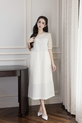SWANLAKE | Váy Đầm Nữ Maxi Suông Vải Cotton Phối Ren Thêu Hoa Đục Lỗ 2 Lớp Có Túi Dạo Phố D13076LW01