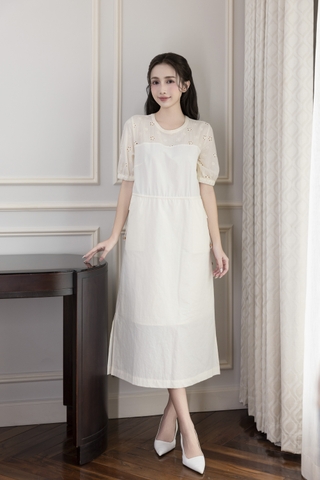 SWANLAKE | Váy Đầm Nữ Maxi Suông Vải Cotton Phối Ren Thêu Hoa Đục Lỗ 2 Lớp Có Túi Dạo Phố D13076LW01