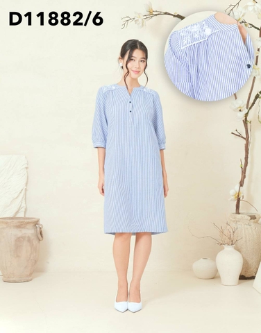 Đầm Tiệc Phom Suông Cotton Sọc Qua Gối Thêu Họa Tiết - D11882/4