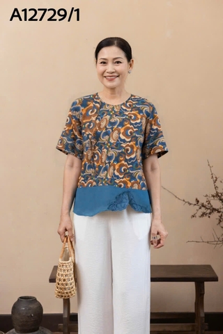 Áo Trung Niên Lụa Mango Tay Lở In Họa Tiết - A12729/1