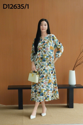 SWANLAKE | Váy Đầm Nữ Maxi Suông Cổ Trụ Nhún Vai Linen In Hoa Hè Tay Bí Dài Có Túi Du Lịch D12635LW01