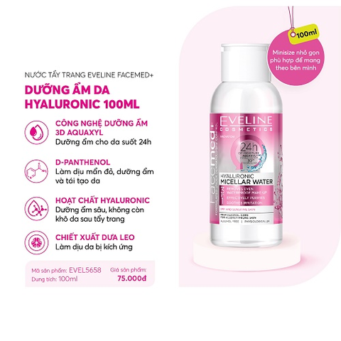 Nước tẩy trang Eveline Facemed+ dưỡng ẩm da Hyaluronic 100ML