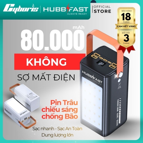 Pin dự phòng Chống Bão,dung lượng 80000mAh HubbFast - PD100. Sạc siêu nhanh 22.5W- Hổ trợ sạc nhanh - Đèn siêu sáng - Chống bão