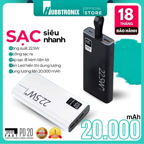 HubbFast PD20. Sạc dự phòng Siêu Nhanh, Dung lượng lớn, 20.000mAh. Hổ trợ sạc nhanh, thiết kế tiện dụng