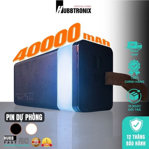 HubbFast PD43. Pin dự phòng 40.000mAh. Sạc nhanh 22.5W. Đèn SOS siêu sáng