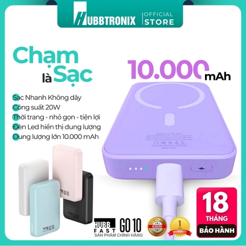 Sạc Dự Phòng 10000mAh -HubbFast Go10 Không Dây Nam Châm, Sạc Nhanh 15W, Hỗ Trợ iPhone 12-15