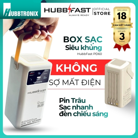 Pin sạc dự phòng HubbFast PD60 50000mAh sạc nhanh 22.5W, đèn LED, tích hợp 4 cáp, sạc cùng lúc nhiều thiết bị, bảo hành 18 tháng
